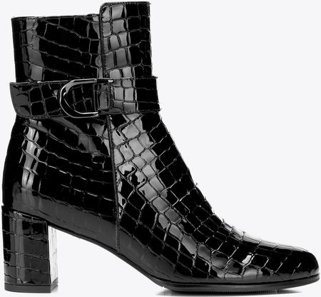 Damskie botki ze skóry lakierowanej o fakturze croco czarne