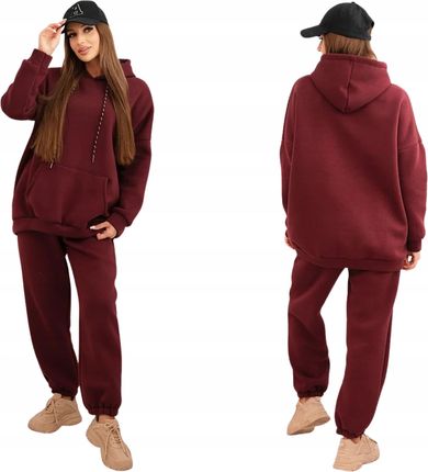 Komplet dresowy damski ocieplany z bawełny i z kapturem bordowy
