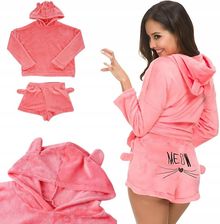 Zdjęcie CIEPŁA PIŻAMA DAMSKA DWUCZĘŚCIOWA Z KAPTUREM MIĘKKA PLUSZOWA KRÓTKIE M - Sulejówek