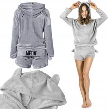 Zdjęcie CIEPŁA PIŻAMA DAMSKA DWUCZĘŚCIOWA Z KAPTUREM MIĘKKA PLUSZOWA KRÓTKIE L - Milanówek