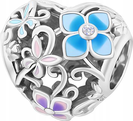 Larezo CHARMS Srebrny Serce Kwiaty Koralik z Motylami Serduszko Motyle SREBRO 925