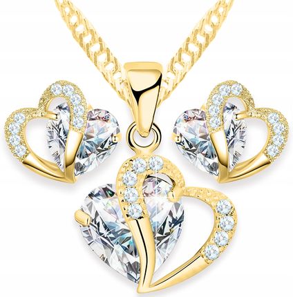 Larezo Zestaw Złoty Naszyjnik Serce I Kolczyki Białe Kryształowe Serca Srebro 925