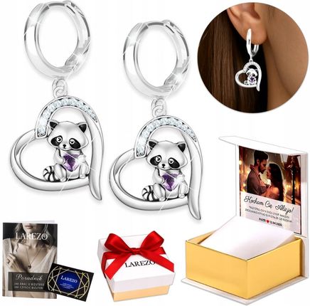 Larezo Kolczyki Srebrne 925 z Szopem Praczem Miś Szop Pracz Fioletowe Serca Misie