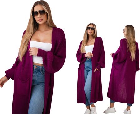 Ciemny fioletowy kardigan damski oversize z długimi rękawami i kieszeniami