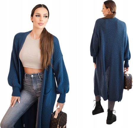 Ciemno jeansowy kardigan damski oversize z długimi rękawami i kieszeniami
