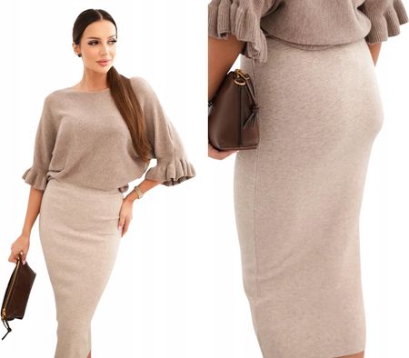 Spódnica damska wiskozowa ołówkowa z elastyczną talią ciemno beżowa