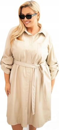 Bbeżowa Sukienka damska z eko-skóry Plus Size z paskiem i 4XL/5XL