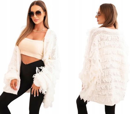 Ecru kardigan damski długi z frędzlami