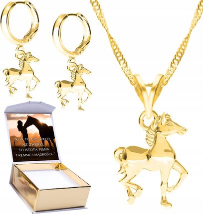 Larezo Zestaw Złoty Naszyjnik + Kolczyki na Biglu z Koniem Konik srebro 925 NADRUK