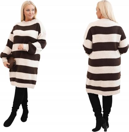 Sukienka damska swetrowa Plus Size w pasy camelowa