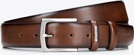 Męski pasek z naturalnej skóry z tłoczeniem w drobne linie brązowy