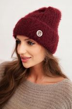 Zdjęcie Czapka damska zimowa z puszystej dzianiny i z eleganckim guzikiem bordowa - Łódź