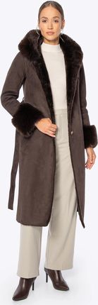 Płaszcz damski z kołnierzem i mankietami ze sztucznego futra brązowy