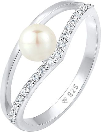 Elli Damski Elegancki Geo Design z perłą hodowlana słodkowodną i kryształami w srebrze 925 Sterling Silver pozłacane Pierścionki 1 ct