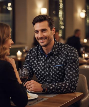 Elegancka czarna koszula slim fit w białe kwiaty rozmiar 40 – modny wybór!