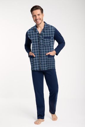 Piżama męska LUNA kod 797 rozpinana granatowa w niebieską kratkę