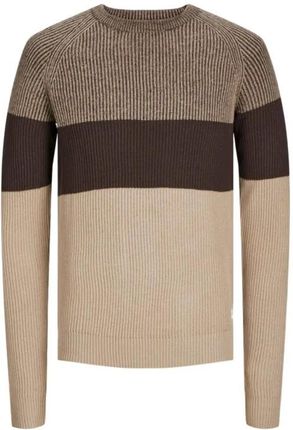 Duży męski sweter w paski wkładany przez głowę Jack & Jones 12265762 kremowo-brązowy