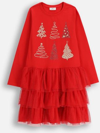 Sukienka dzianinowa Xmas czerwona ze świątecznym nadrukiem i tiulowymi falbankami