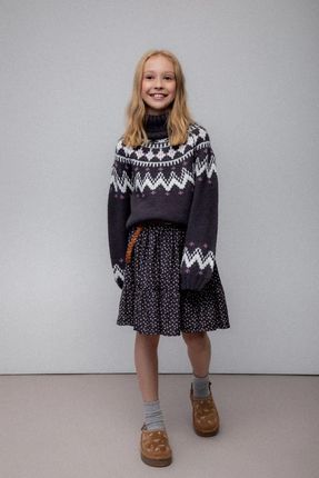 Spódnica z wiskozy grafitowa rozkloszowana w kropki z ozdobnym paskiem