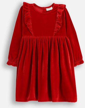 Sukienka welurowa z długim rękawem czerwona z ozdobnymi falbankami