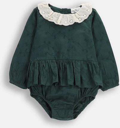 Eleganckie body z długim rękawem zielone z kołnierzykiem i ozdobną falbaną