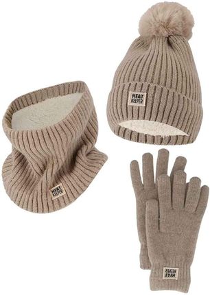 Heat Keeper Damski Zimowy Zestaw Termiczny - Czapka + Rękawiczki Komin Beżowy