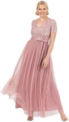 Maya Deluxe Sukienka maxi dla kobiet damska suknia balowa z dekoltem w szpic z krótkim rękawem długa elegancka talia Empire z paskiem vintage róż