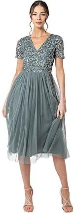 Maya Deluxe Damska sukienka wieczorowa midi z dekoltem w serek z krótkim rękawem na studniówkę, wesele, druhna, Misty Green, 38