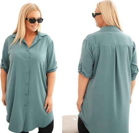 Sukienka damska koszulowa Plus Size z dłuższym tyłem ciemno miętowa