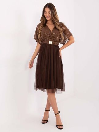 Sukienka midi brązowa z tiulowym dołem i paskiem elegancka ITALY MODA