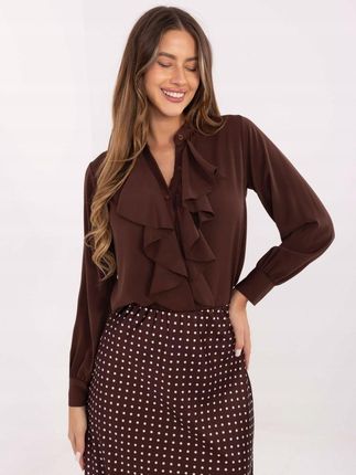 ITALY MODA koszula damska z żabotem elegancka brązowa czekoladowa