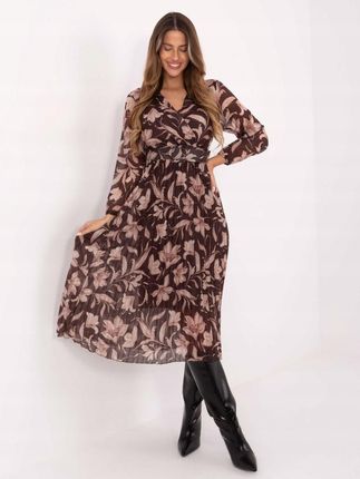 Brązowa sukienka midi w kwiaty plisowana z paskiem Italy Moda Stylowy Wiesz