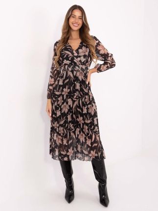 Czarna sukienka midi w kwiaty z paskiem elegancka Italy Moda Stylowy Wiesza