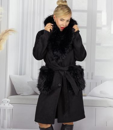 Elegancki damski płaszcz z ozdobnym futrem CRYSTAL