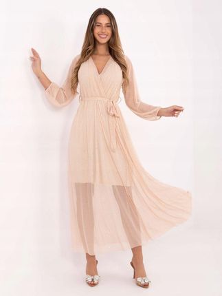 Sukienka jasnobeżowa maxi z paskiem elegancka ITALY MODA