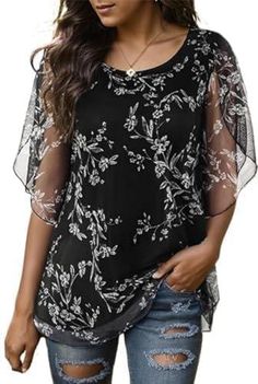 Timuspo Damska bluzka szyfonowa z półrękawami, koszula letnia, okrągły kołnierz, podwójna warstwa, lejąca tunika, czarny, XXL
