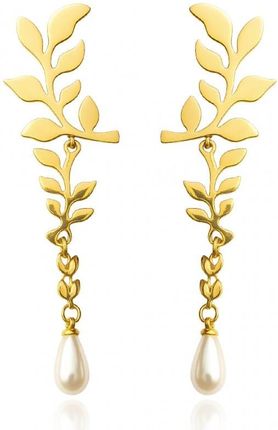 Kolczyki ze stali szlachetnej pozłacane 14k złotem, wiszące z perłą KST3449