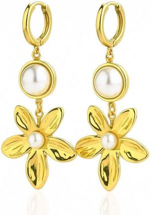 Kolczyki ze stali szlachetnej pozłacane 14k złotem, wiszące kwiaty z perłą KST3440
