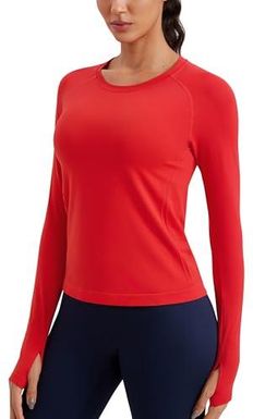 CRZ YOGA Damskie bezszwowe prążkowane rutina de Ejercicio koszule z długim rękawem szybkoschnące, Głęboka czerwień, 38