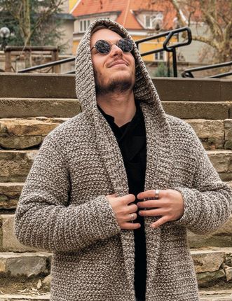 Męski kardigan z wełny z kapturem, beżowy, ciepły sweter boho – idealny na prezent, Kardigan unisex