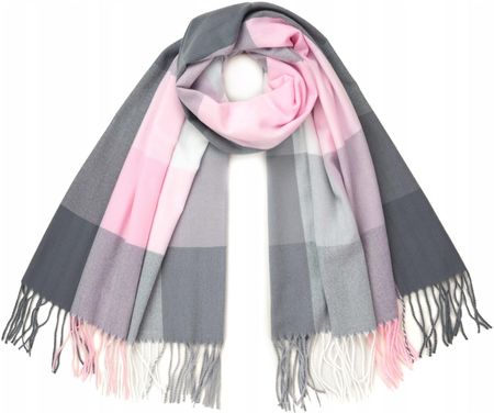 Szalik Damski Kratka Różowy Szary z Frędzlami Długi Szal Dzianinowy