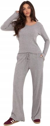 Spodnie Dzianinowe Szare Prążkowane z Szeroką Nogawką