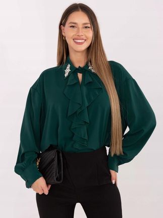 Bluzka elegancka ciemnozielona z żabotem i ozdobnym kołnierzem