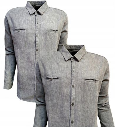 Koszula męska sportowa LNIANA letnia z kieszonkami GREY L JEAN PIERE