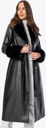Damski płaszcz z imitacji skóry ze sztucznym futerkiem czarny