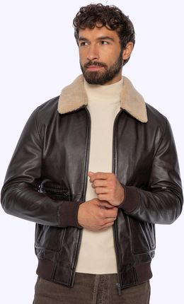 Męska kurtka ze skóry naturalnej z futrzanym kołnierzem brązowa