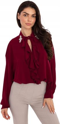 Bluzka elegancka bordowa z żabotem i ozdobnym kołnierzem