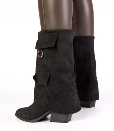 Czarne botki na słupku z kieszonkami Nadiia