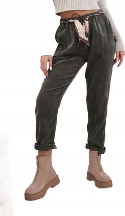 Spodnie damskie z wiskozy z apaszkowym paskiem khaki