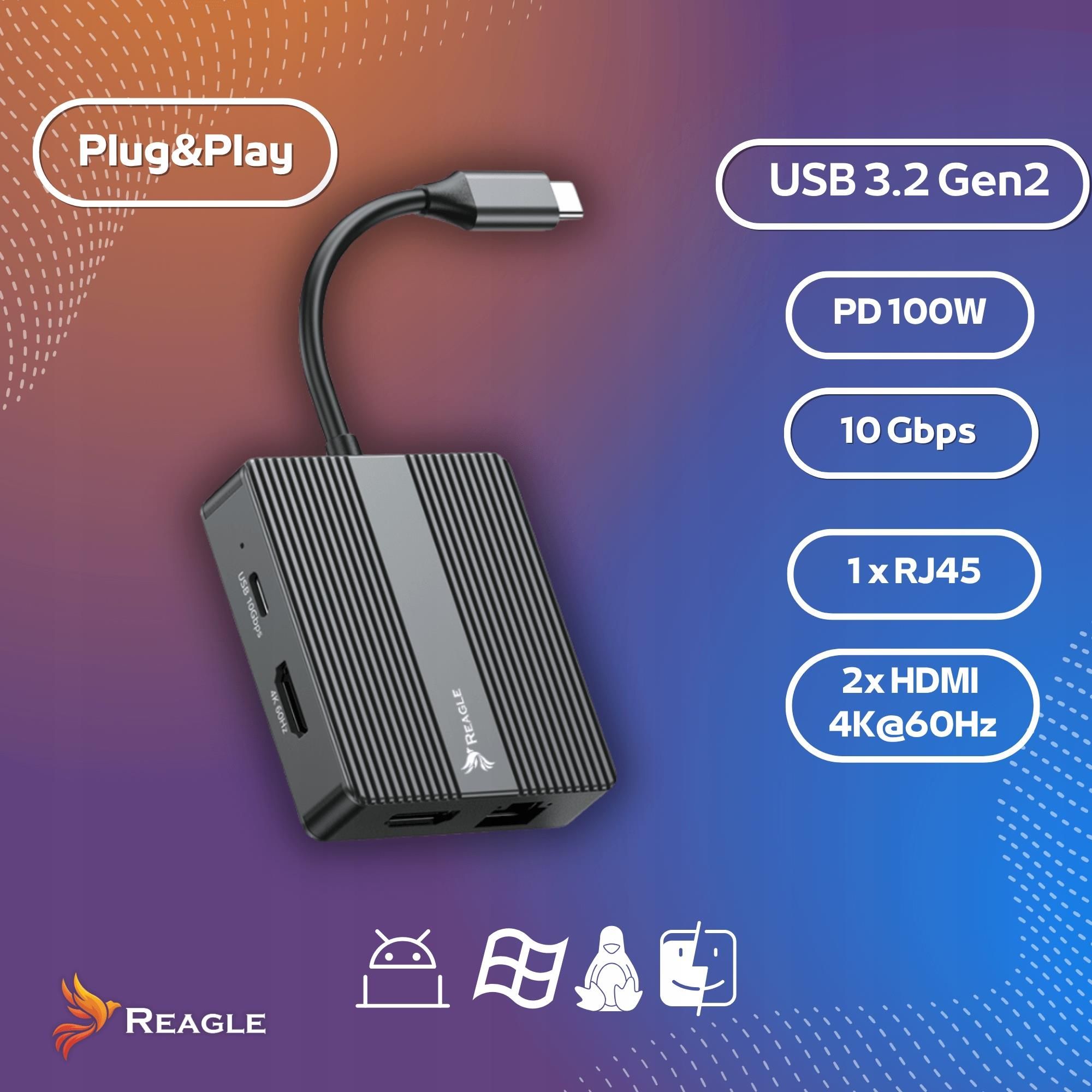 USB 3.2 Gen 2 Hub Nvme Ssd Reagle USB-C Hub & M.2 - Carcasa Para SSD (100 W, USB 3.2 Gen 2, Lector De Tarjetas SD/microSD, Carcasa De Aluminio Con LED RGB